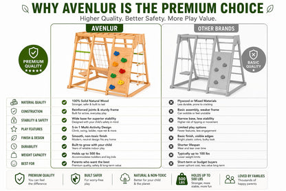 Avenlur Premium Wooden Indoor Climbing Gym for Kids – Montessori Playset with Climbing Wall, Ladder, Rope Net & Swing – Solid Natural Wood Toddler Playground, Ages 1–6