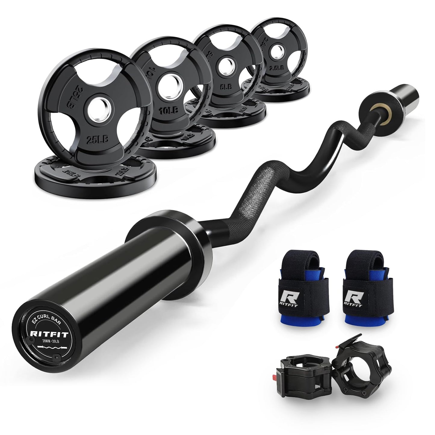 RitFit 2 Inch EZ Curl Bar with Weights, 350LBS Capacity Olympic Barbell for Bicep & Triceps, Home Gym Strength Training,Black with 85LBweights