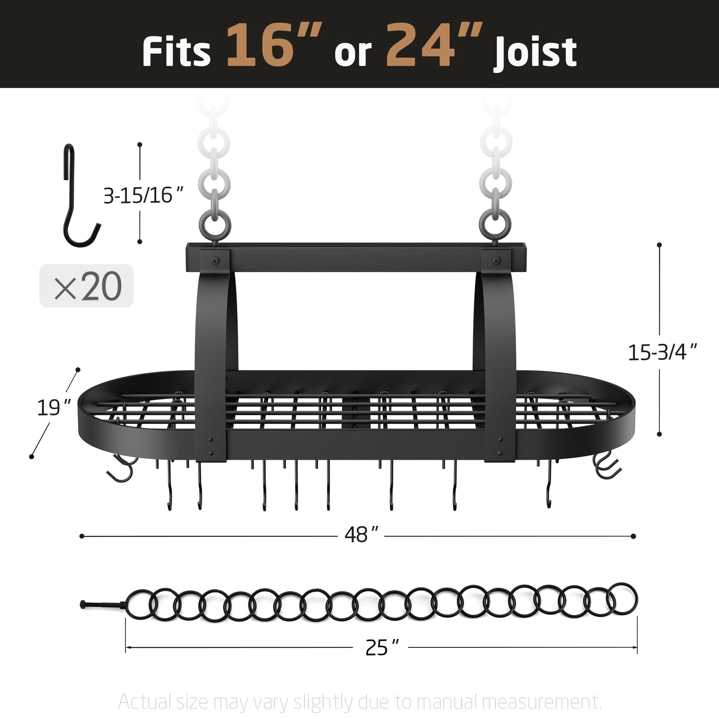 KES 48 Inch Large Hanging Pot Rack, Heavy Duty Oval Pot and Pan Hanging Rack Ceiling Mount, Pot Pan Hangers for Kitchen with 20 Hooks, Matte Black, (For 16" and 24" Joist Mount), KUR225S122-BK