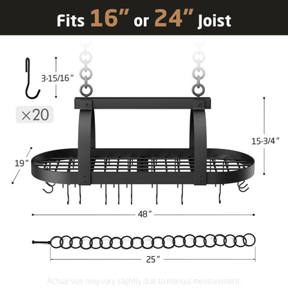 KES 48 Inch Large Hanging Pot Rack, Heavy Duty Oval Pot and Pan Hanging Rack Ceiling Mount, Pot Pan Hangers for Kitchen with 20 Hooks, Matte Black, (For 16" and 24" Joist Mount), KUR225S122-BK