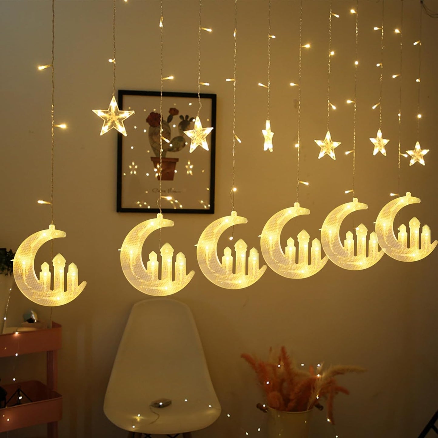 138 8 Dazzle Bright Moon Star and Fairy Tale Castle String Lights, LED Muslim Curtain Fairy String Lights, Lighting