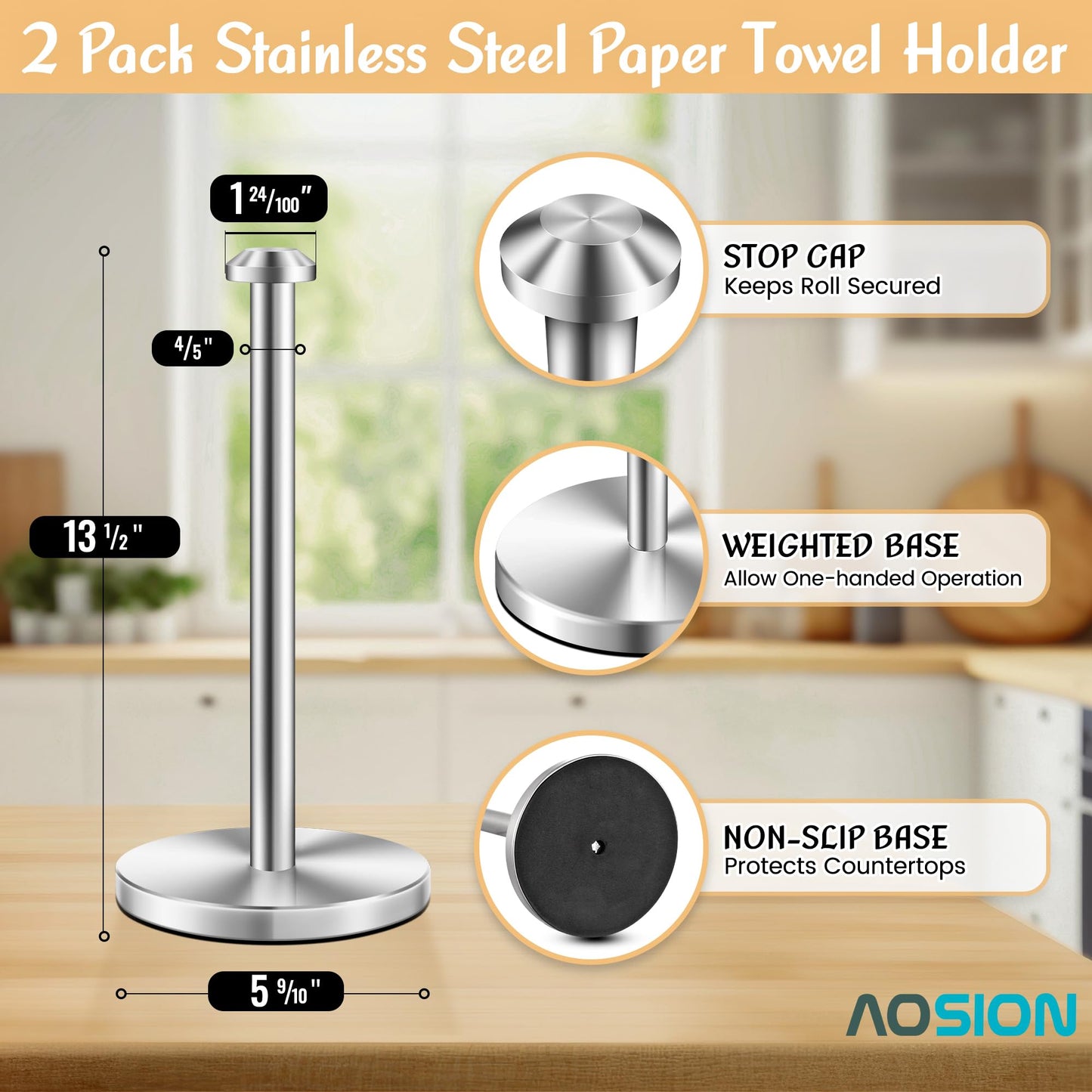 AOSION 2 Piece Stainless Steel Weighted Paper Towel Holder Countertop, Silver Vertical Kitchen Bathroom Paper Towel Holder, with Non-Slip Base