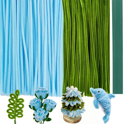 300Pieces Blue Pipe Cleaners Flower Kit with 20 Floral Wires, Floral Tape etc, Fluffy Blue Green Pipe Cleaners Craft Supplies, DIY Flower Kit for Wedding Mother's Day Gift, Holiday Decoration