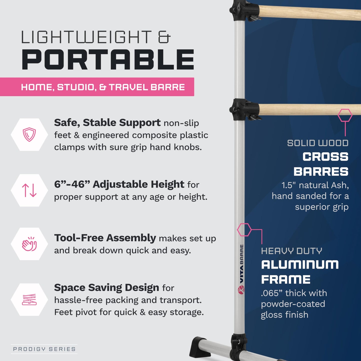 VITA Barre Portable Freestanding Double Ballet Barre, Prodigy, 7 Ft Bars, Satin Silver | Adjustable Height, USA Made, Home or Gym Exercise Equipment for Kids & Adults | Dance, Fitness, Pilates