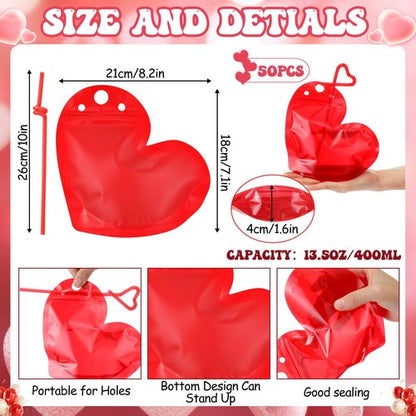 Jingmore 50 Set 8 oz Drink Pouches with Straws Heavy-duty Zipper Reclosable Liquor Smoothie Bags Cute Treat Packing Bags for Festive Parties DIY Gifts Daily Use(Heart,Red)
