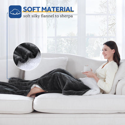 Sealy Electric Blanket with Foot Pocket for Adults, Flannel & Sherpa Heated Blanket Throw with 6 Heating Levels & 2-10 Hours Auto Shut Off, Fast Heating & Machine Washable, 50x62 Inch, Dark Grey