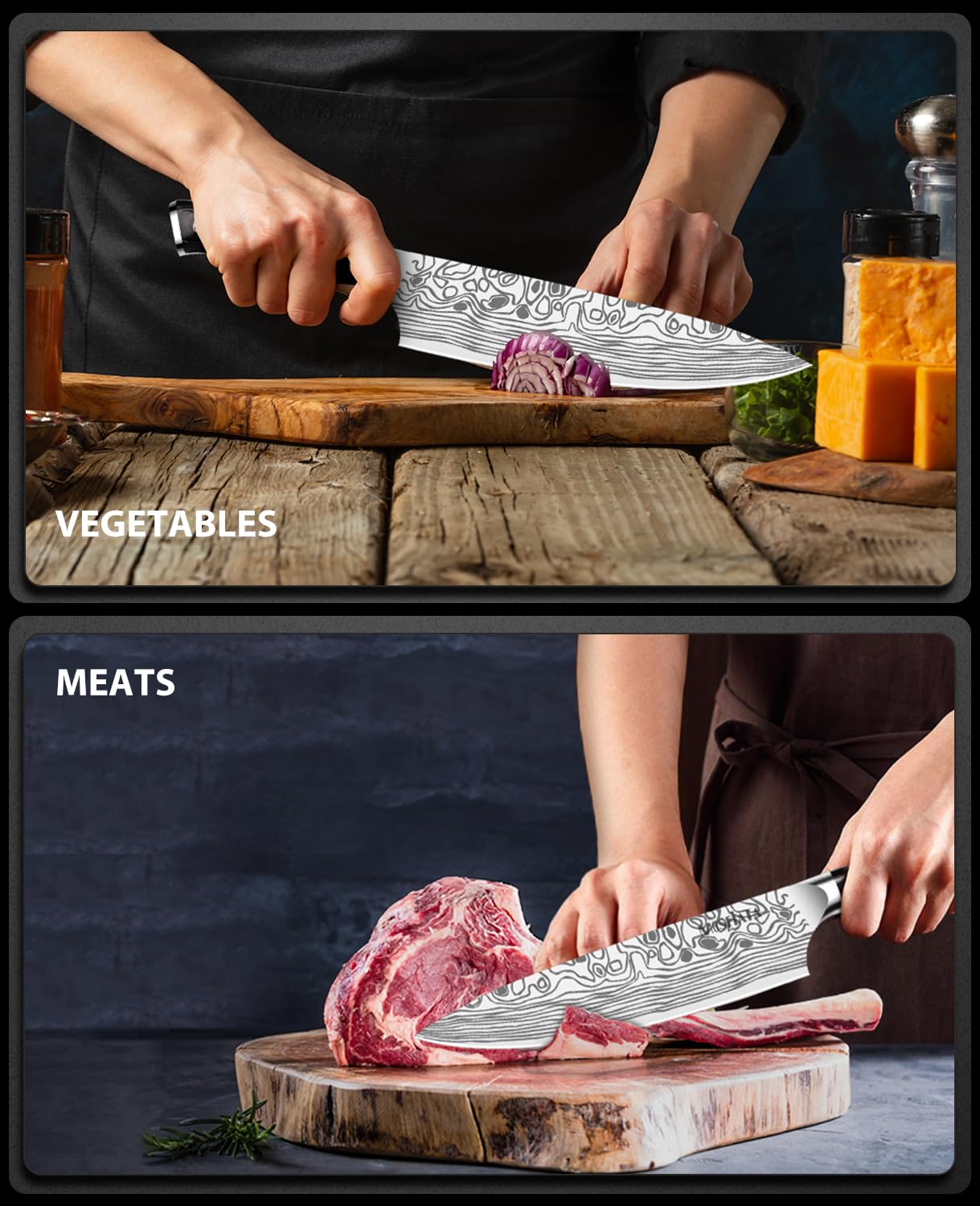 MOSFiATA 8" Super Sharp Professional Chef's Knife with Finger Guard and Knife Sharpener, German High Carbon Stainless Steel EN1.4116 with Micarta Handle and Gift Box