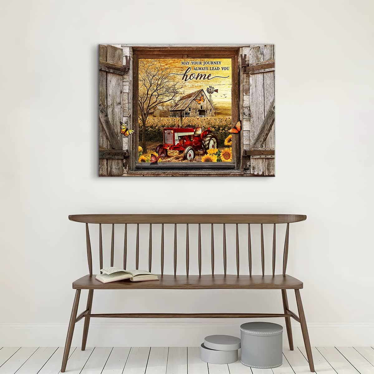 Farmhouse Canvas Wall Art Red Old Tractor Picture, Rustic Sunflowers Country Painting for Kitchen Decor