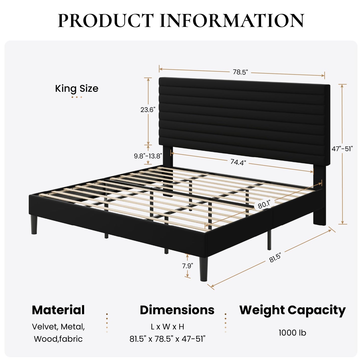 SHA CERLIN King Size Platform Bed Frame with Adjustable Headboard, Velvet Upholstered Bed with Under-Bed Storage, Modern Horizontal Channel Tufted, Wood Slats Support, No Box Spring Needed, Black