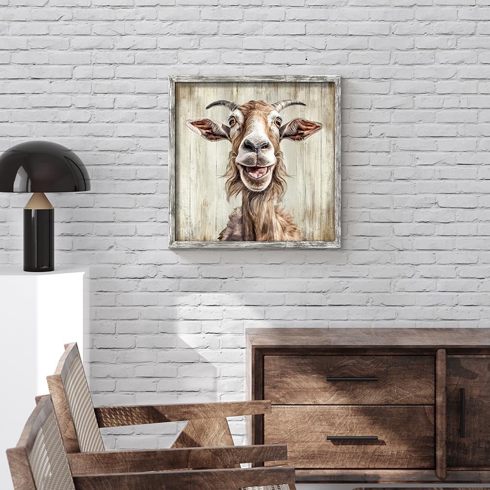 20 20 Inch Farmhouse Goat Wall Art Framed: Animal Portrait Print Decor Rustic Wood Nursery Painting Picture Funny Farm