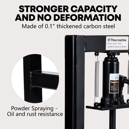 GAOMON 6 Ton Hydraulic H-Frame Shop Press – Heavy Duty Manual Hydraulic Press with Adjustable Bed, Stamping Plates, Worktable – Auto Repair, Metalworking, Garage, Engine Bearing Removal – 6T, Black