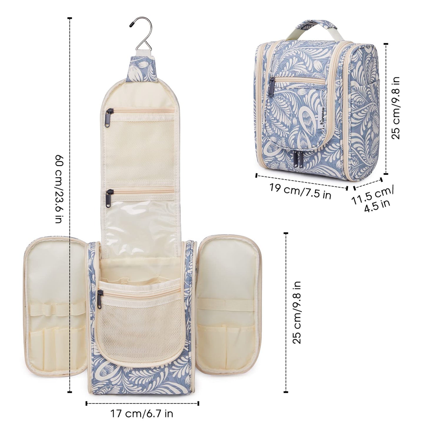 Narwey Small Hanging Toiletry Bag Women Travel Makeup Bag Organizer Toiletries Bag for Travel Size Essentials Accessories Cosmetics (Medium, Blue Leaf)
