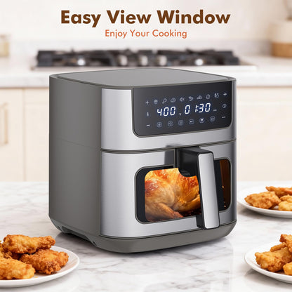 Sweetcrispy 6.34QT Air Fryer, 8-in-1 Air Fryers Oven with Visible Window, 400℉ Fast Heating, Nonstick Dishwasher-Safe Basket, Timer & Auto-Off, Stainless Steel, Grey