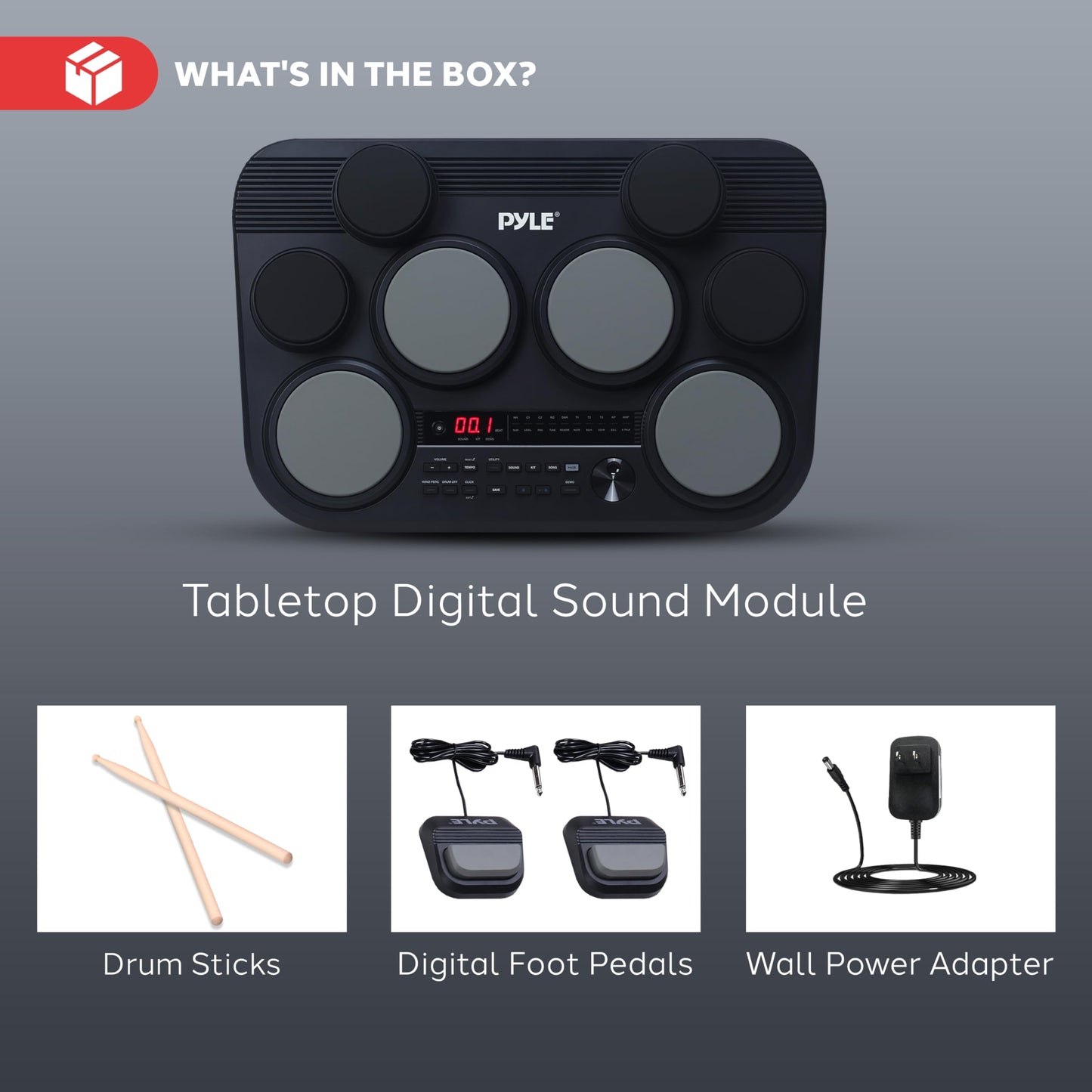 Pyle Electronic Tabletop Drum Pad Set - Compact Portable Drum Kit w/ 8 Touch Sensitive Drum Pads and Pedals, 600 Sounds, USB & Headphone Outputs, MIDI/AUX Inputs - 80 Preloaded Kits (Black)