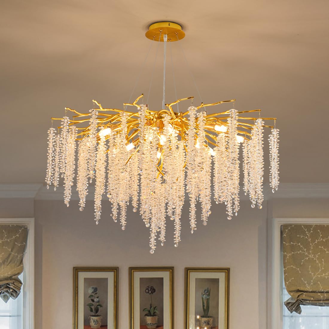 Puvaue Crystal Tree Branches Chandeliers Luxury Round Raindrop Pendant Light Fixture Ceiling Hanging Light for Dining Room Bedroom Living Room Entryway D31.5“ Gold