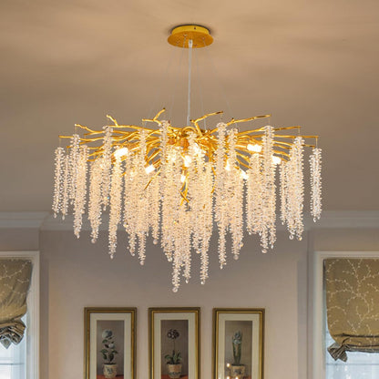 Puvaue Crystal Tree Branches Chandeliers Luxury Round Raindrop Pendant Light Fixture Ceiling Hanging Light for Dining Room Bedroom Living Room Entryway D31.5“ Gold