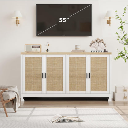 GarveeHome 60 in Farmhouse Rattan Buffet Cabinet - 4-Door Woven Storage Sideboard with Adjustable Shelves, Kitchen Console Table for Dining Room & Living Room Entryway (White & Brown)