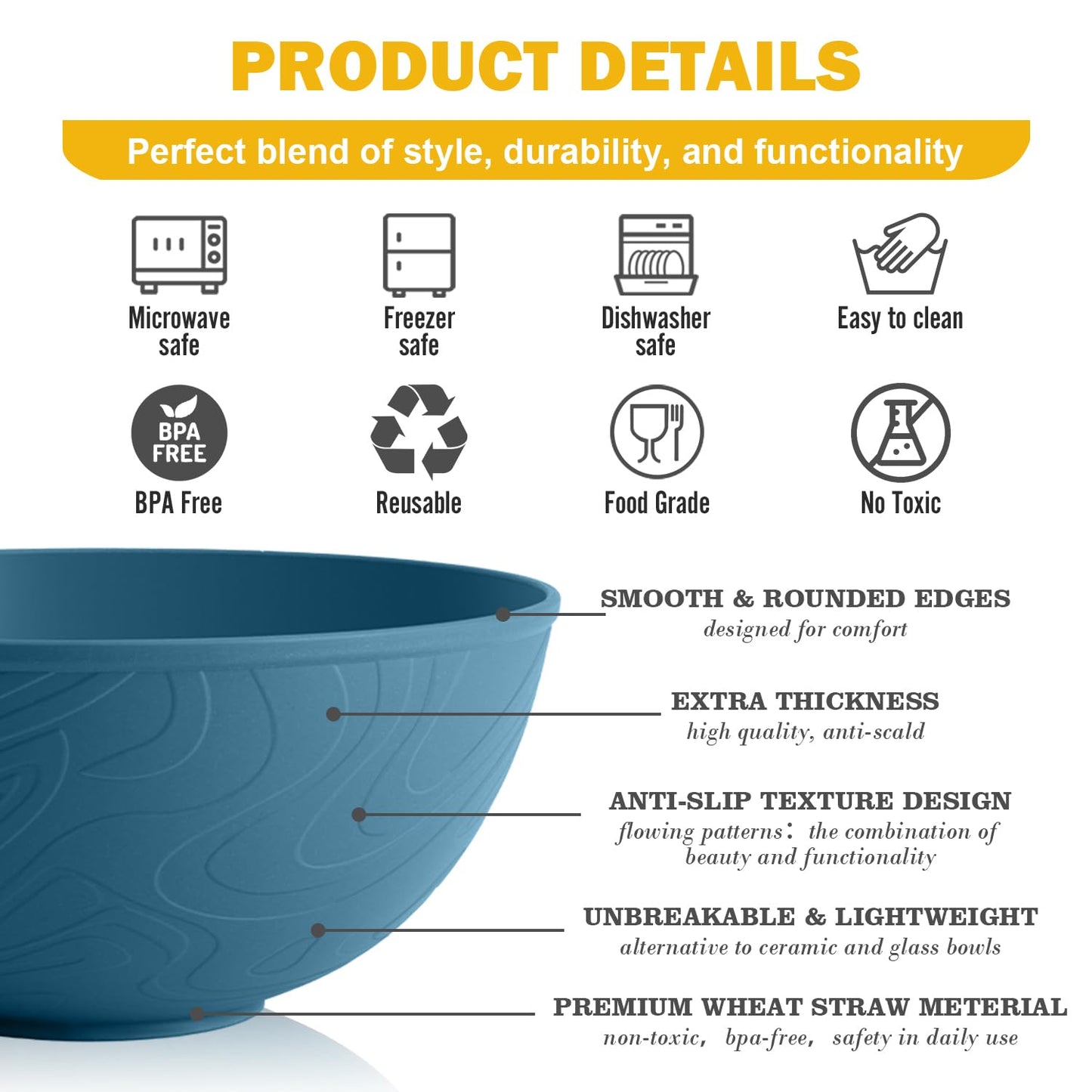 Perlapoc Unbreakable Large Cereal Bowls 40 OZ, Wheat Straw Bowls Set of 6, Alternative Plastic Bowls for Kitchen, Outdoors, Microwave & Dishwasher Safe Bowl Set for Salad, Cereal, Soup, Ramen, Multi