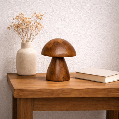 JOLLYMER Handmade Teak Wood Mushroom Decor Statue, Rustic Wooden Sculpture Accent for Living Room, Boho Tabletop Figurine, Natural Solid Wood Home Decoration for Indoor