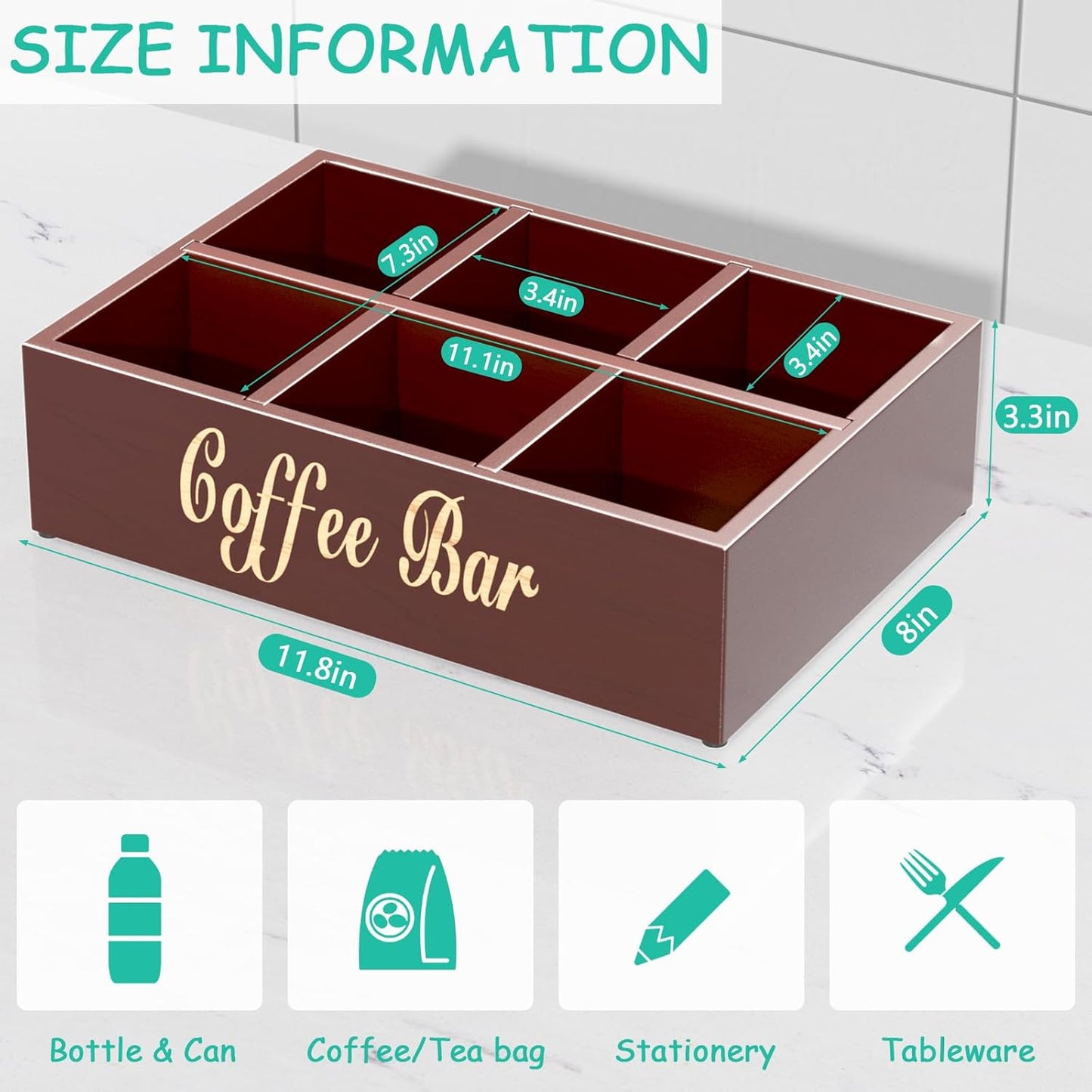 Coffee Station Organizer for Countertop - Wooden Coffee Bar with Removable Dividers, Farmhouse Coffee Pod Holder Basket