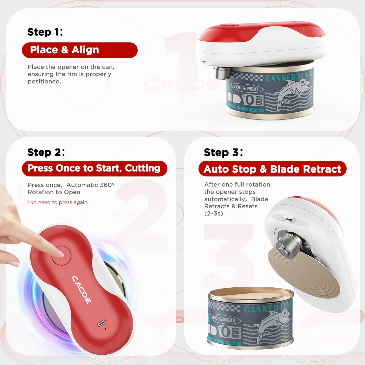 CACOE Automatic Smart Electric Can Opener with Auto Stop & USB-C Charging - Cordless Can Opener for Elderly and Arthritic Users for Seniors & Arthritis, Effortless One-Touch Open (red)