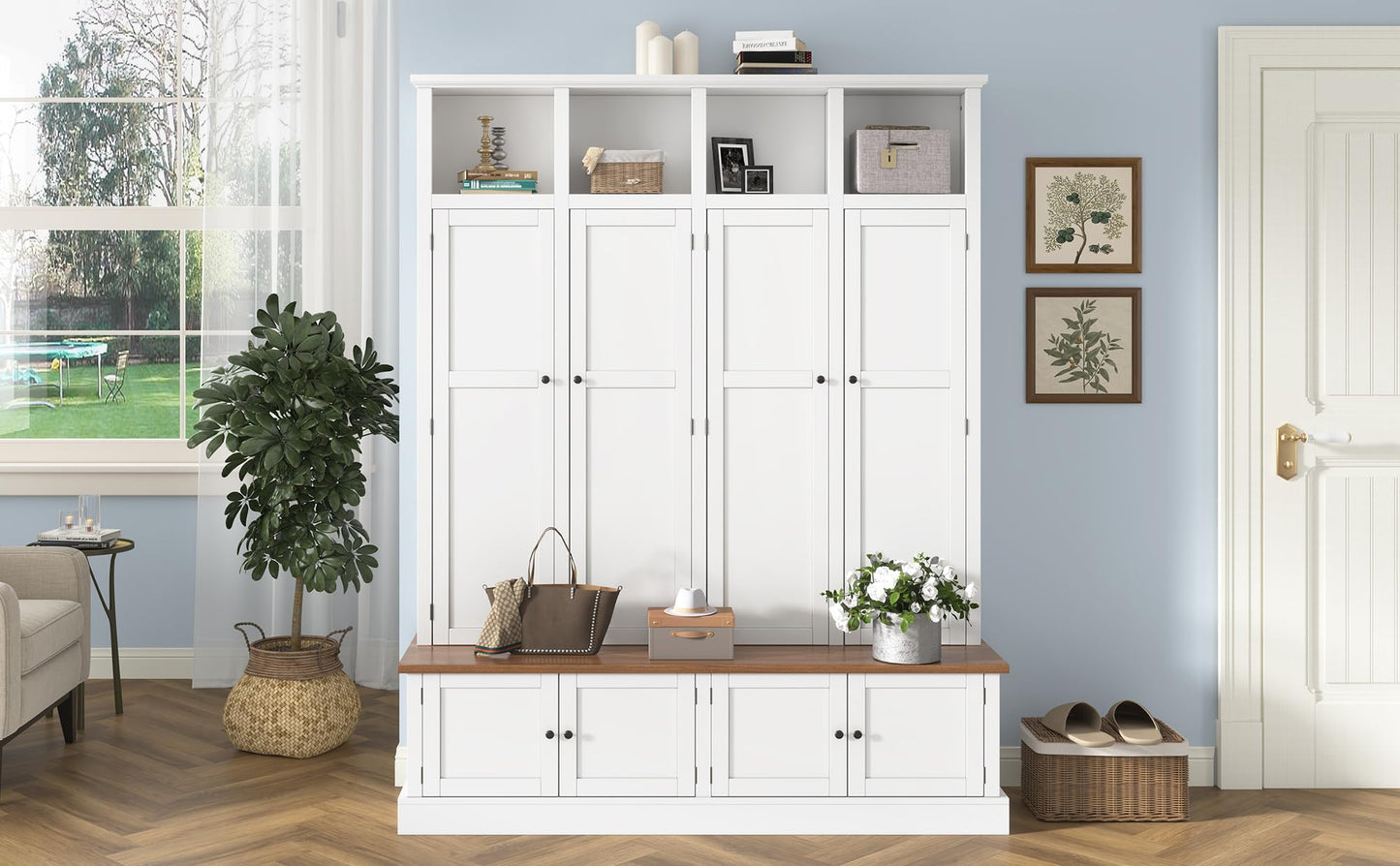 Hall Tree with Bench and Shoe Storage, Entryway Coat Rack with Cabinet, 4-in-1 Mudroom Bench with Hooks and Open Cubbies, Clothes Rack for Hanging Closet, Entryway Organizer for Hallway Living Room,A1