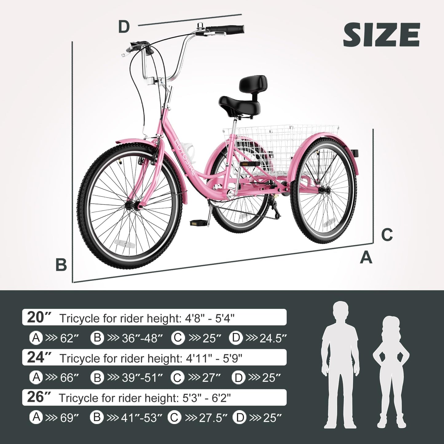 H&ZT Adult Tricycle, 3 Wheeled Bike, Trike Cruiser Bike, with 7-Speed Gear, Parking Brake Handle, Low Step, Large Rear Basket, Elderly Friendly, for Men, Women, and Teens