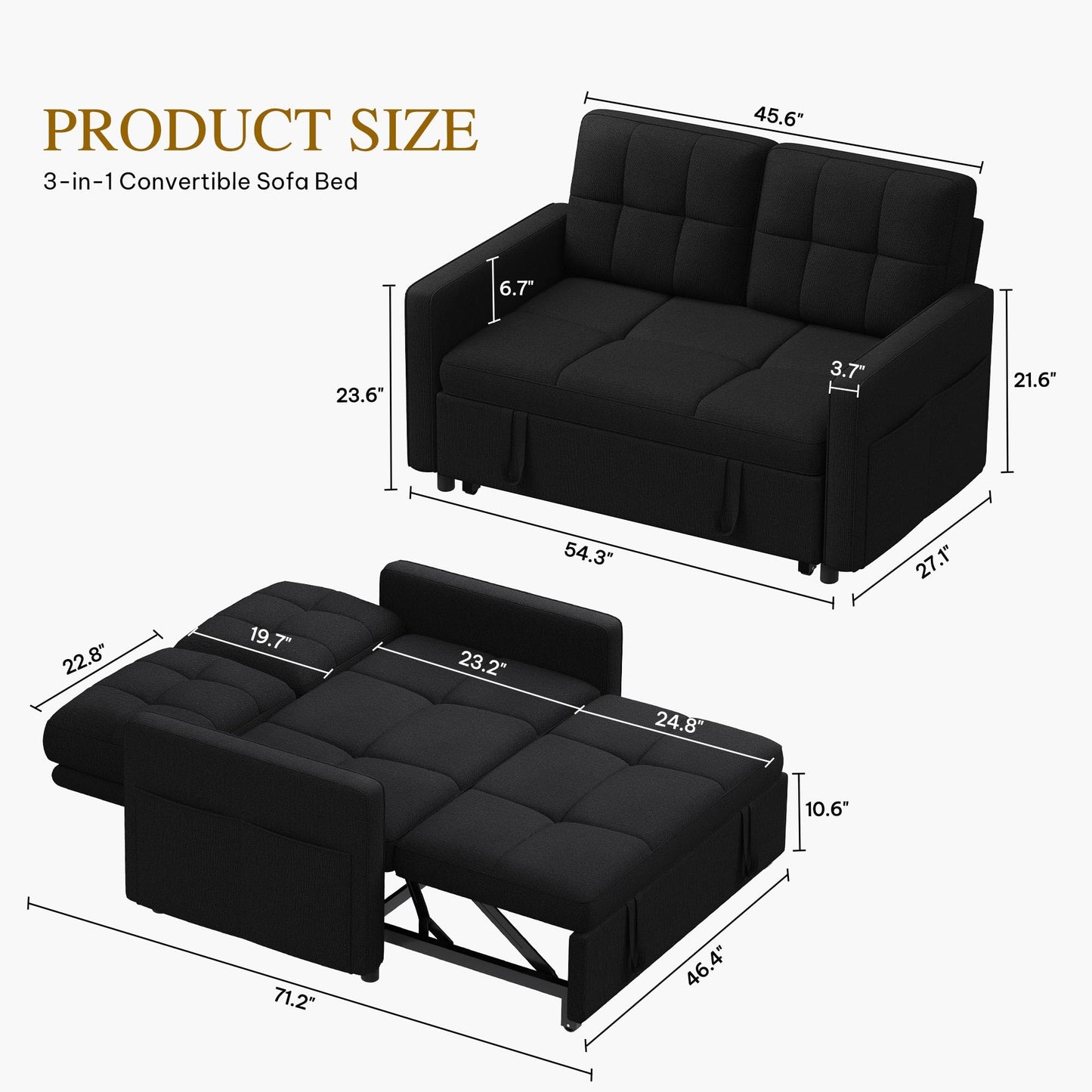 DWVO 55" Convertible Sofa Bed, 3-in-1 Sleeper Sofa with Pull-Out Bed, Linen Futon Couch with Adjustable Backrest and Side Pocket, Modern Loveseat for Living Room Apartment, Balck