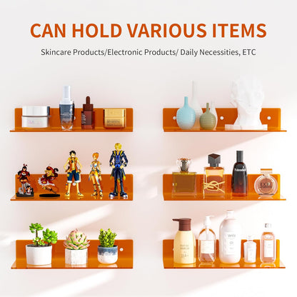 15 Inches 2 Pack, Sezanrpt Orange Acrylic Wall Shelves L Shape Floating Shelf, Perspex Wall Mounted Shelves for Home