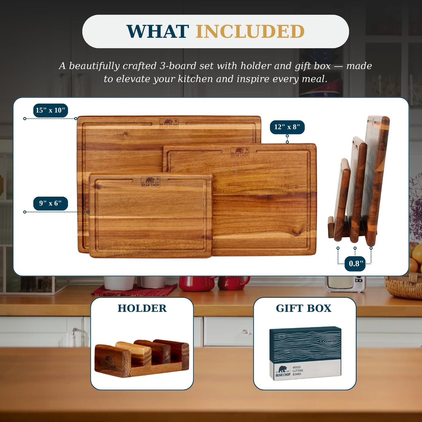 Bearchop Acacia Wood Cutting Board Set of 3 with Storage Stand, Reversible Wooden Cutting Boards for Kitchen with Deep Juice Grooves, Premium Wood Cutting Board Set for Prep, Serving & Gifting