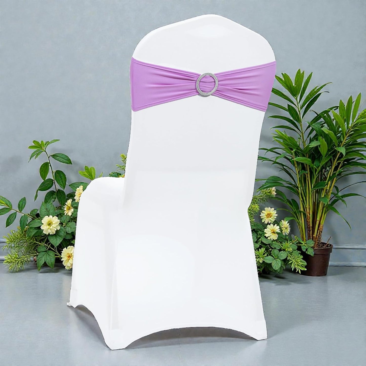 MDS Premium Spandex Chair Sashes - Stretchy Bow Covers with Buckle Slider | Pack of 50 - Light Purple