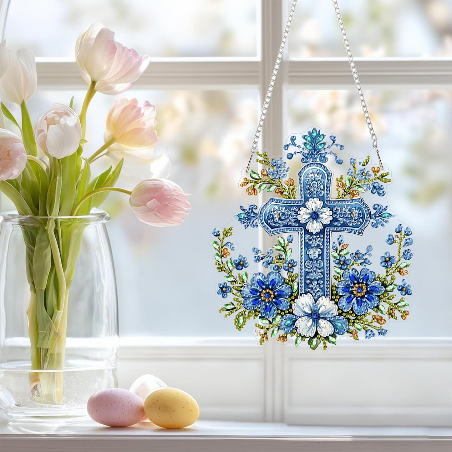 NAIMOER Cross Flowers Diamond Art Hanging Kits for Adults, 5D Special Shaped Rhinestone, DIY Acrylic Spring Diamond Art Painting Window Pendants Home Garden Wall Hanging Ornament Kits, Double Sided