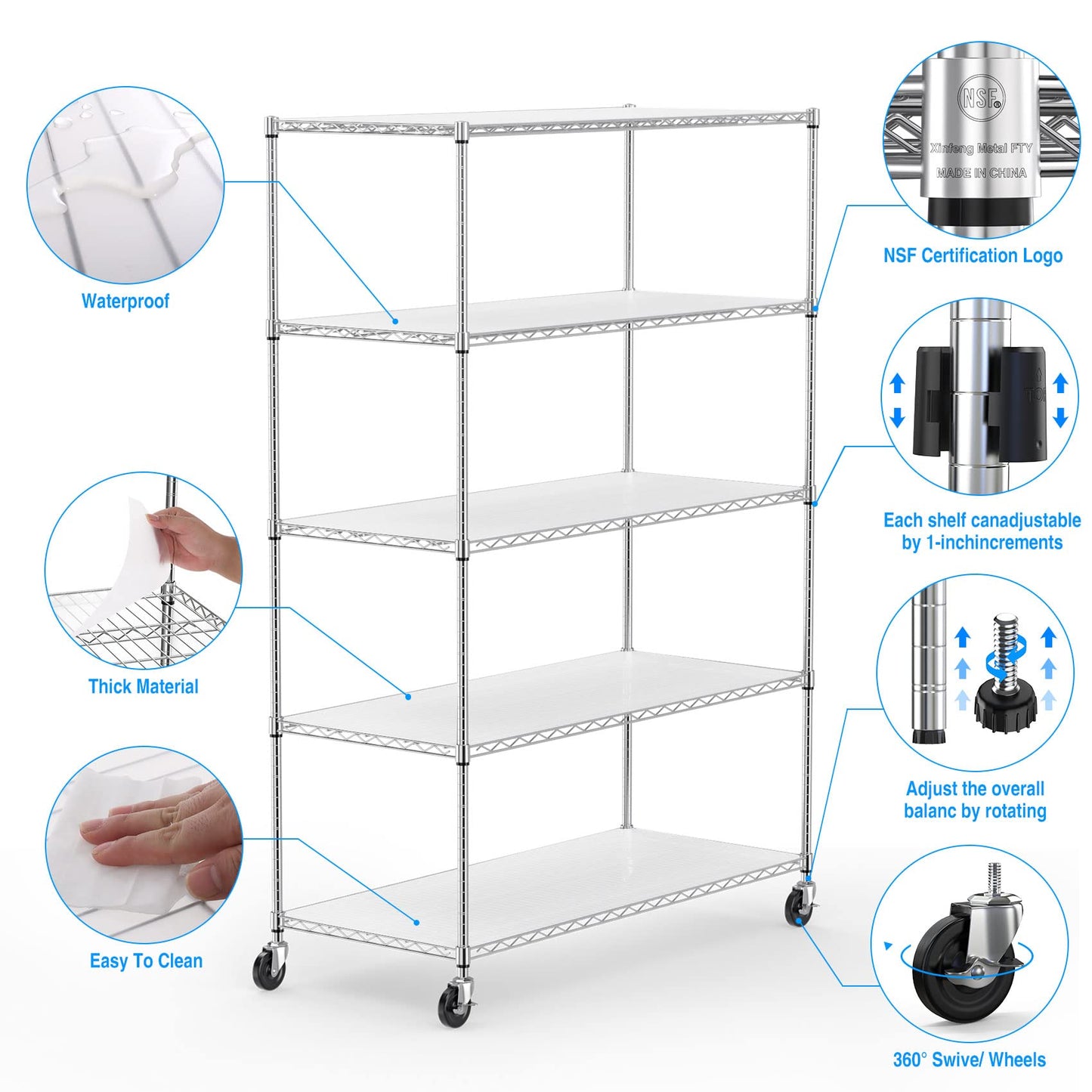 5 Tier 6000lbs Capacity NSF Metal Shelf Wire Shelving Unit, Heavy Duty Adjustable Storage Rack with Wheels & Shelf Liners for Commercial Grade Utility Steel Storage Rack, Chrome - 82"H x 48"L x 24"D