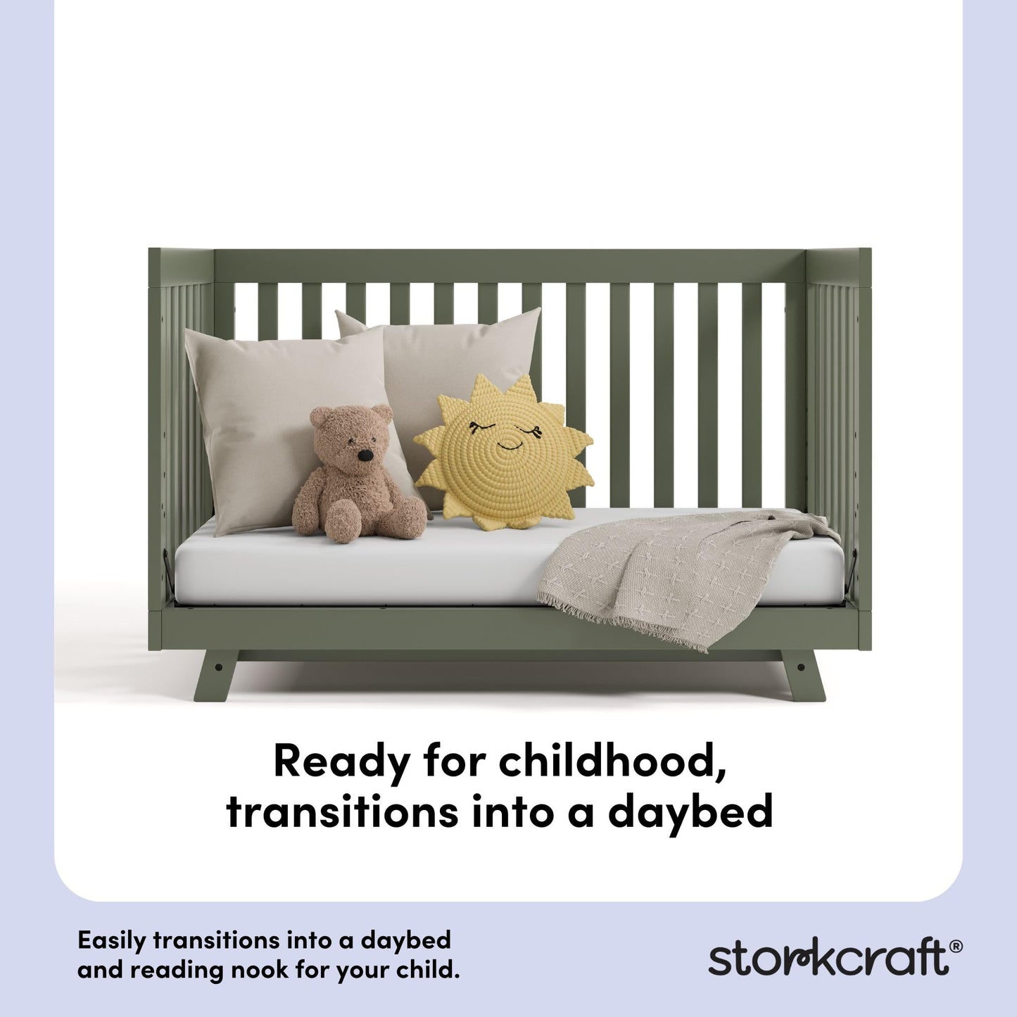 Storkcraft Beckett 3-in-1 Convertible Crib – GREENGUARD Gold Certified, Fits Standard Crib Mattress, Converts to Toddler Bed and Daybed, 4 Mattress Heights, Grow-with-Me Design (Olive)
