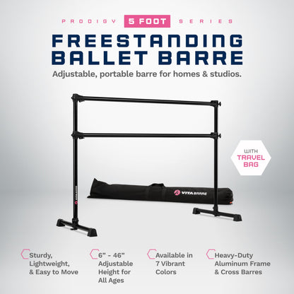 VITA Barre Portable Freestanding Double Ballet Barre, Prodigy, 5 Ft Bars, Black, with Bag | Adjustable Height, USA Made, Home or Gym Exercise Equipment for Kids & Adults | Dance, Fitness, Pilates
