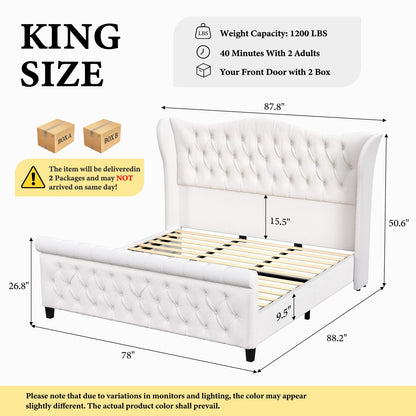 koorlian King Size Bed Frame,Chenille Upholstered Sleigh Bed with Scroll Wingback Headboard & Footboard,Luxury & Soft Button Tufted Modern Bed,Easy Assembly,No Box Spring Needed
