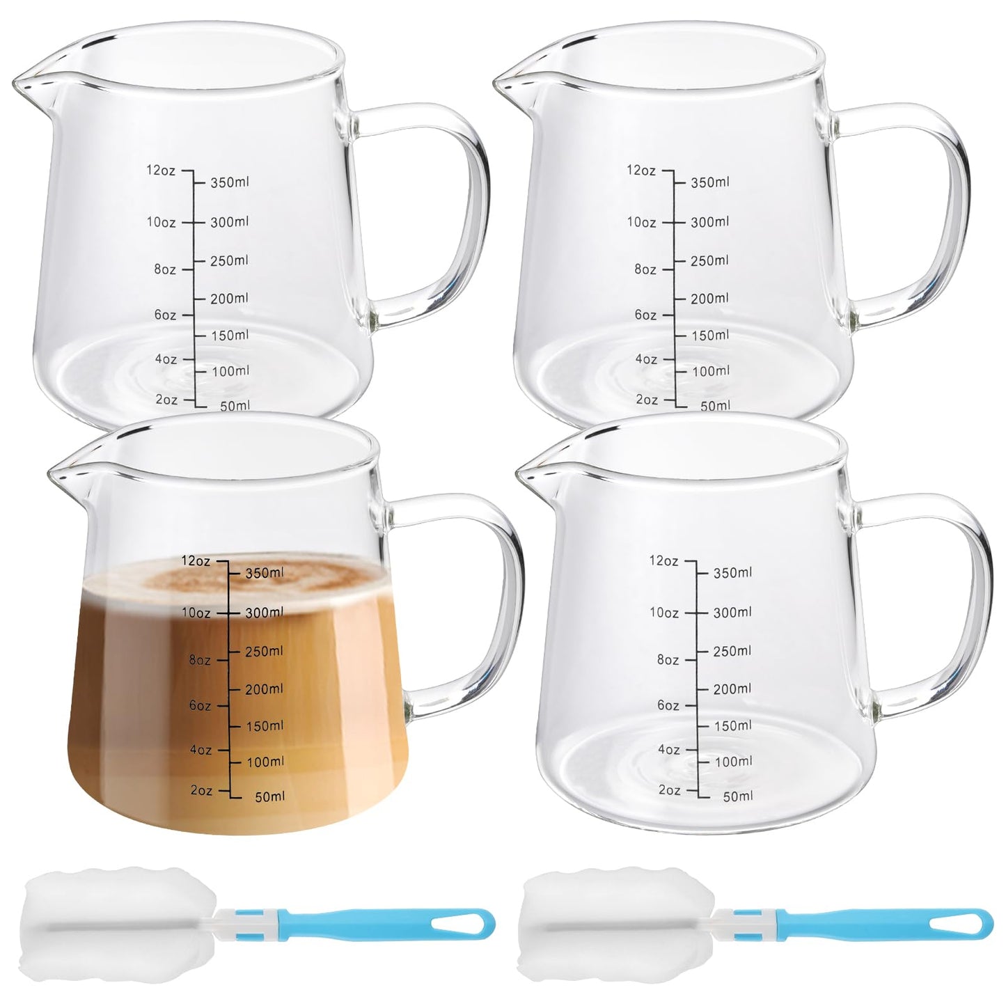 Milkary 4 Pack 12oz Coffee Measuring Glass Cups, Heat Resistant Espresso Shot Pitcher Glass Cup, Microwave & Dishwasher Safe Milk Frothing Pitcher Creamer Container