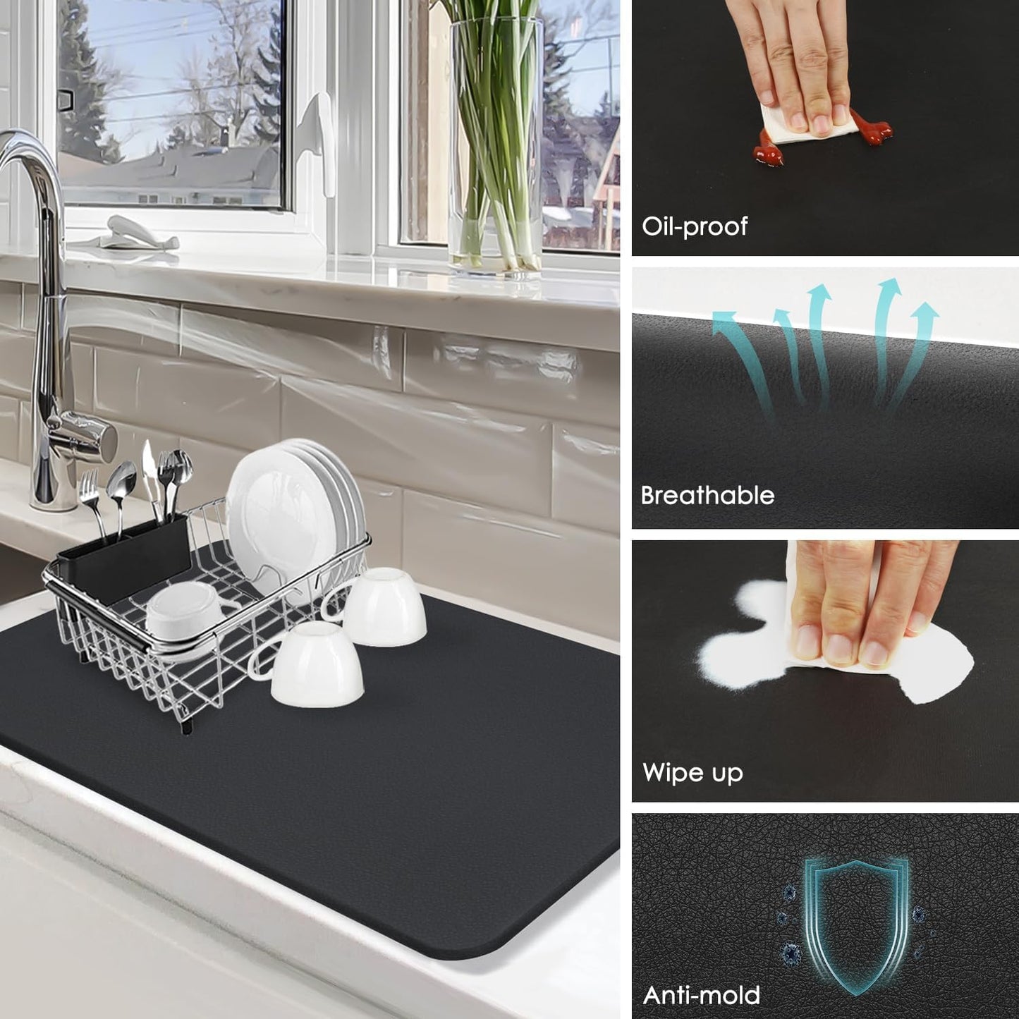 Coffee Mat for Countertop, 24x16" Super Absorbent Large Bar Mat, Quick Dry Black Dish Drying Mat for Kitchen