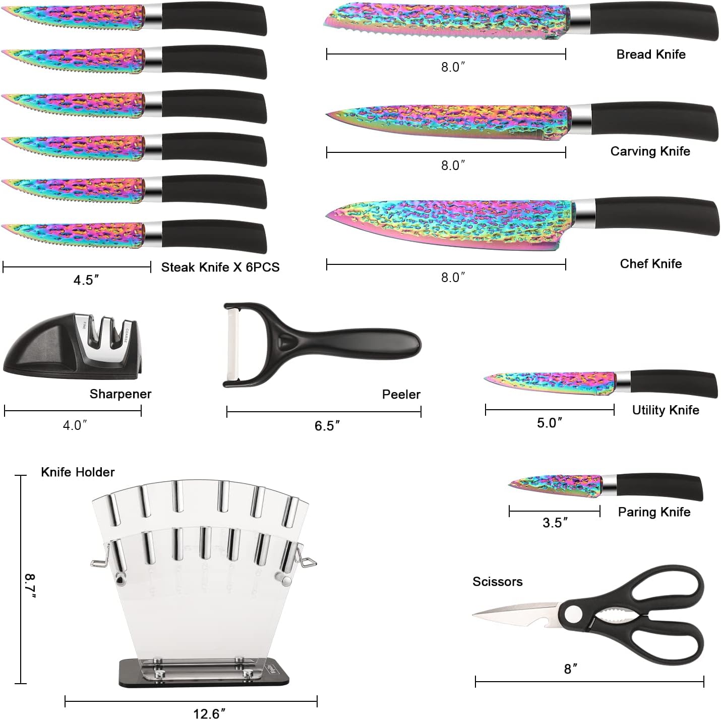 Rainbow Titanium Knife Set, Sharp Stainless Steel Knives with Acrylic Block, 6 Steak Knives, Chef Quality