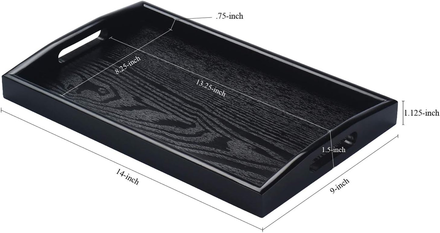 Rectangle Wooden Serving Tray - Breakfast Tray with Handles, Black, 14 by 9-Inch
