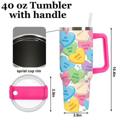 JarThenaAMCS Valentine's Day Tumbler with Lid Straw Stainless Steel Cup 40oz Colorful Conversation Heart Tumbler with Handle for Home Office Travel