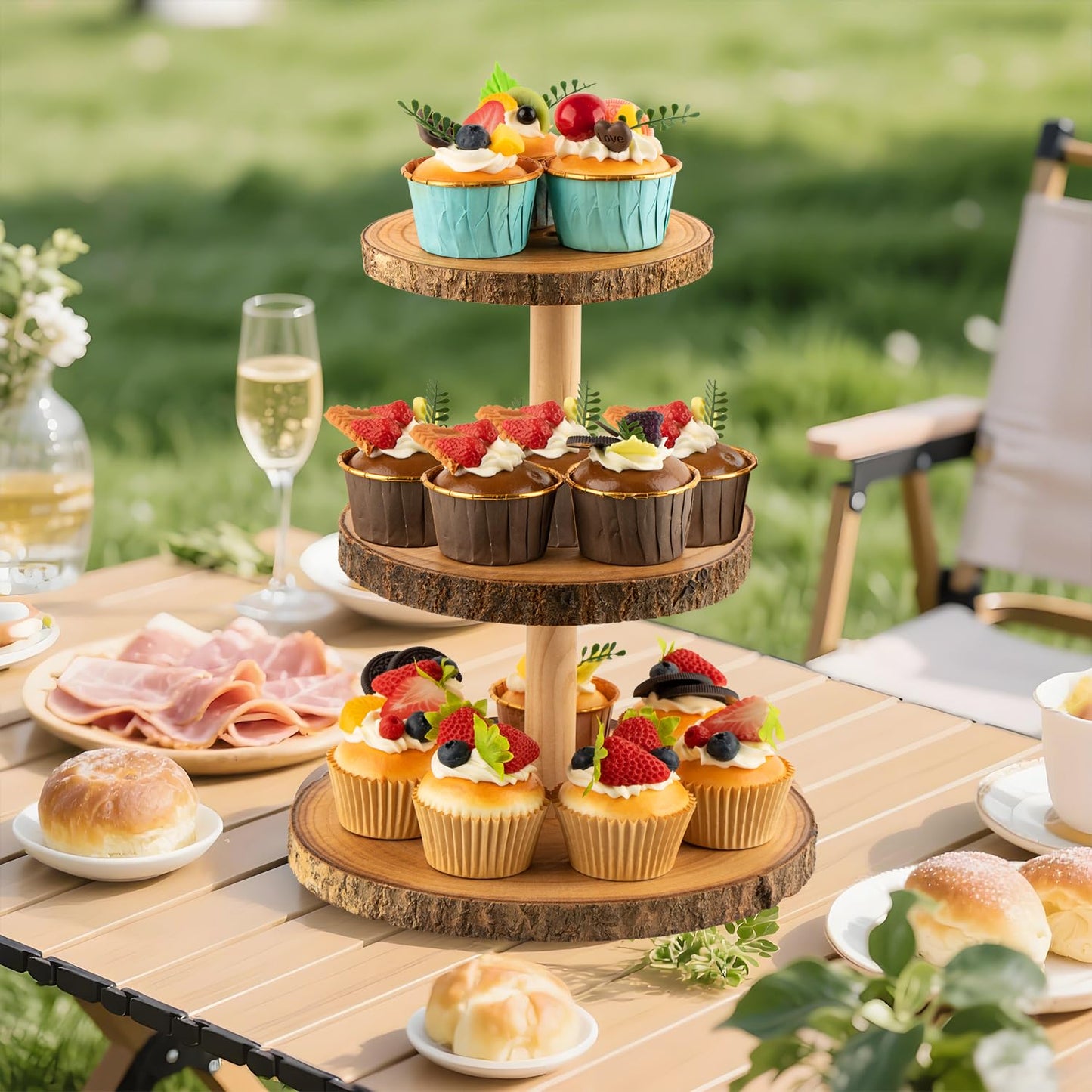 Gusnilo Rustic 3-Tier Wooden Cupcake Stand & Cake Tower – Natural Paulownia Wood Tiered Display for Weddings, Parties, Baby Showers, Holidays (Farmhouse Décor, Handcrafted Bark Design)