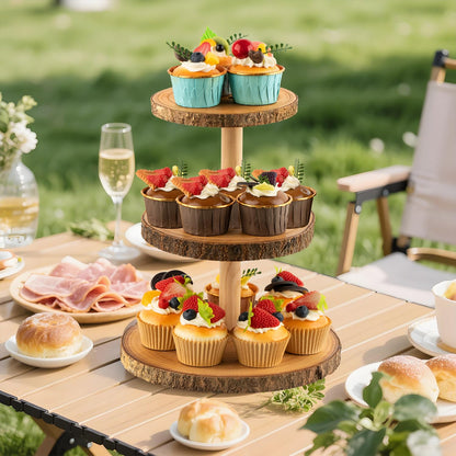Gusnilo Rustic 3-Tier Wooden Cupcake Stand & Cake Tower – Natural Paulownia Wood Tiered Display for Weddings, Parties, Baby Showers, Holidays (Farmhouse Décor, Handcrafted Bark Design)