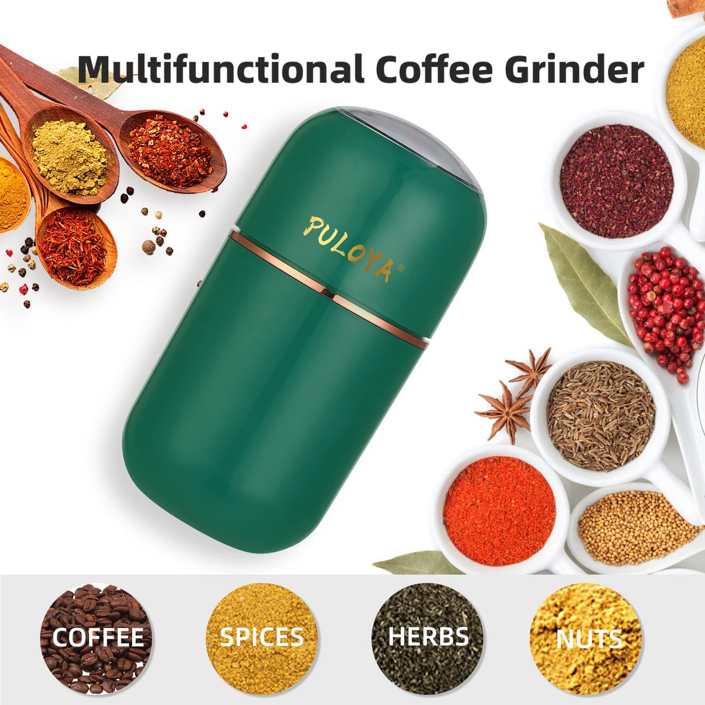 PULOYA Coffee Grinder Electric for Beans, Spices, Herbs, Grains and Nuts, Stainless Steel Blades, 2.8 oz, Green