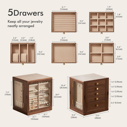 Homruilink Black Walnut Wooden Jewelry Box - 360° Rotating Jewelry Organizer for Women with 5 Drawers for Rings,Necklaces,Earrings and Bracelets -Large Storage Case - Ideal Gift