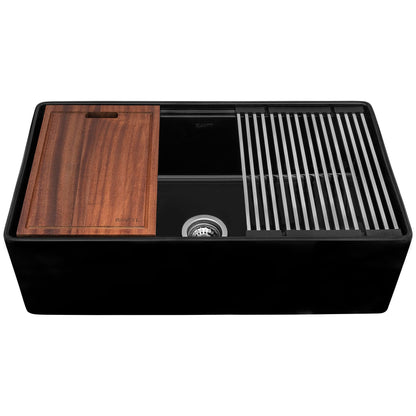 Ruvati 33 inch Fireclay Workstation Black Farmhouse Kitchen Sink Apron Front Single Bowl – RVL2387BK