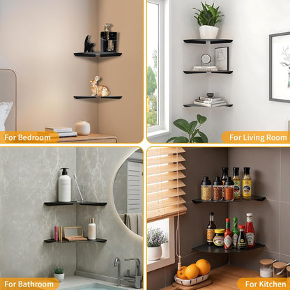 1Pack 6 Small Corner Shelf, Floating Metal Corner Shelves,Corner withs Wire Hole for TV, Cable Box,Corner Wall Shelf