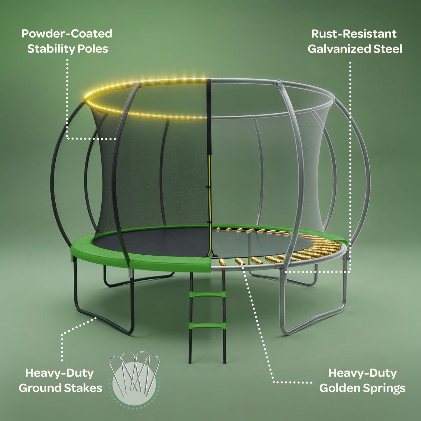 JoyBerri Trampoline Outdoor - Upsurge ASTM Certified Safe 8Ft 10Ft 12Ft 14Ft 15Ft 16Ft Recreational Trampoline for Kids and Adults. Anti-Rust Coating with Enclosure Net, Ladder, Sprinkler & LED Lights