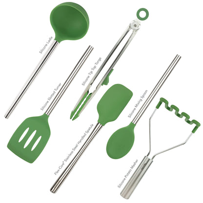 Tovolo Silicone Cooking Utensil Set of 6 Stainless Steel Handle Ladle Slotted Turner Tongs Flex Core Spatula Scraper Mixing Spoon & Potato Masher, Dishwasher Safe BPA Free Utensils, Pesto Green