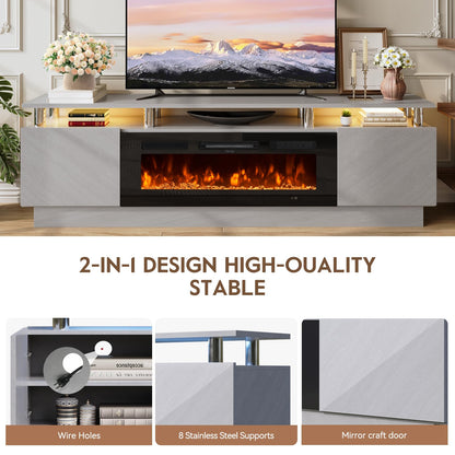 OneBlis 70" TV Stand for Living Room, Entertainment Center with Storage Cabinet, Fits TVs up to 80", Modern Media Console with Shelves, 36" Electric Fireplace (Grey+Black)